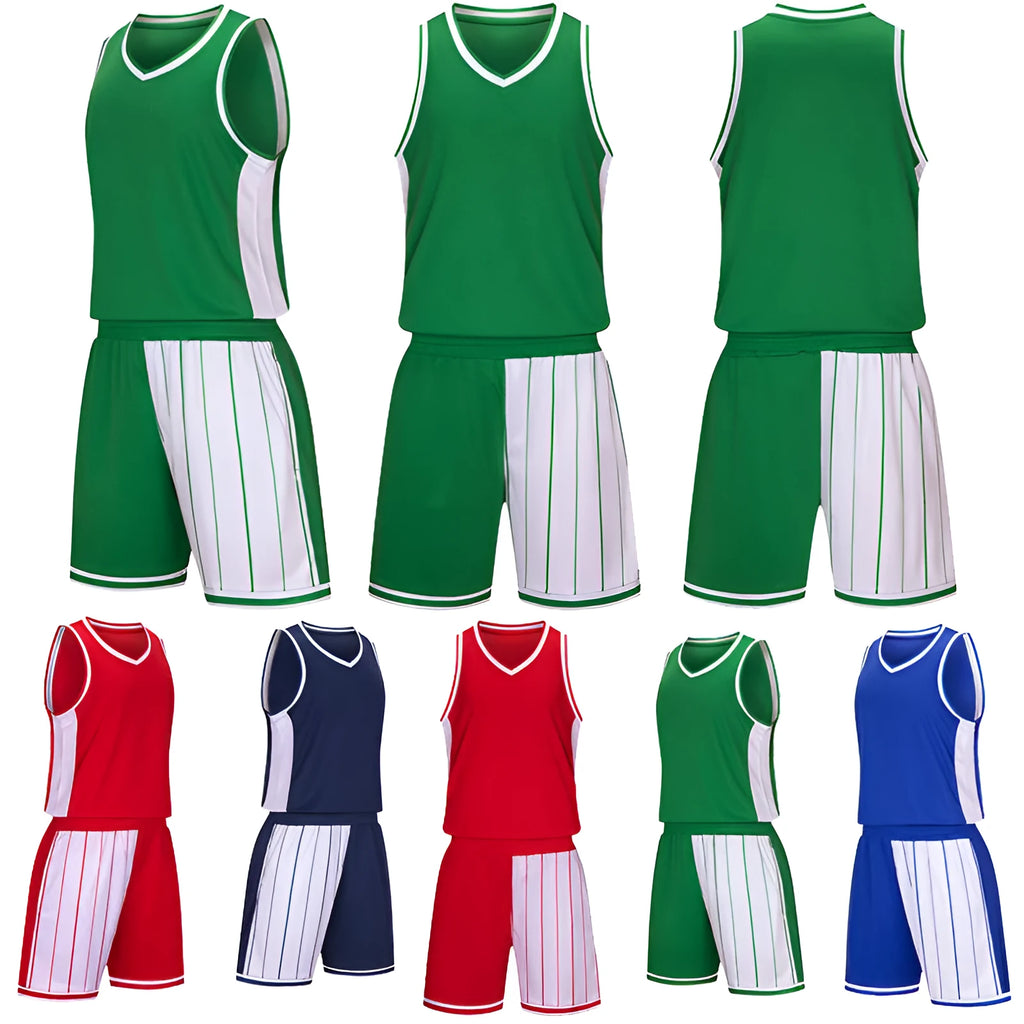 Men's basketball training uniform set in quick-dry fabric, top and shorts in blue.