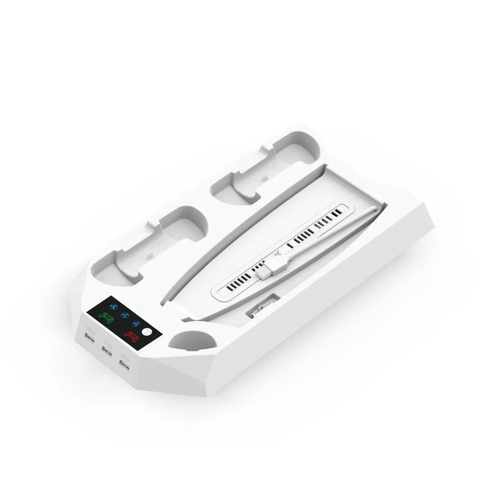 White PS5 charging base radiator with integrated headset hook and direct plug design