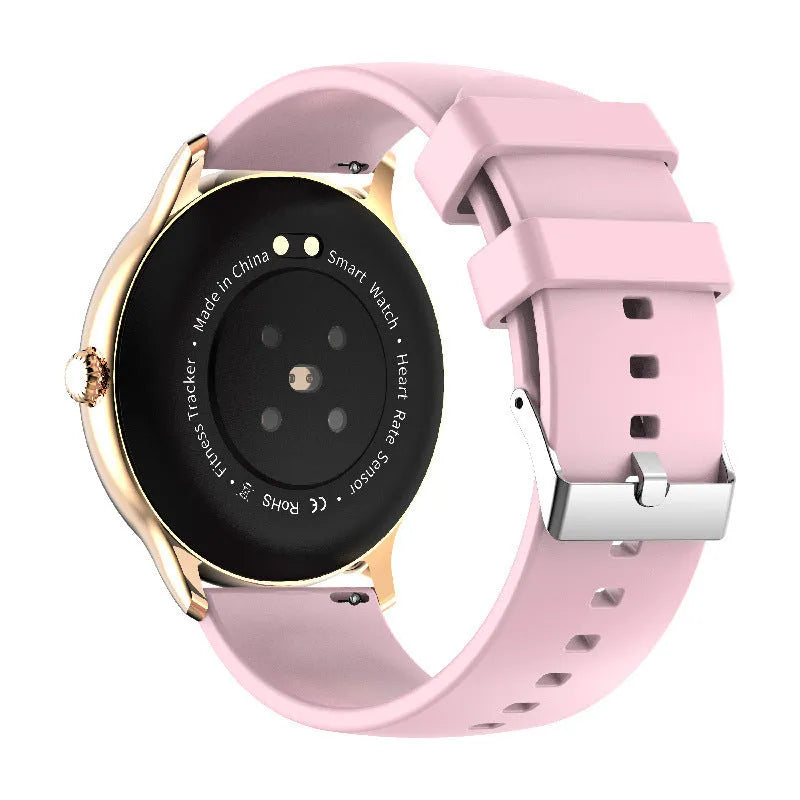 Black smart watch with 1.28 inch screen displaying blood pressure and heart rate data on a silicone wristband.