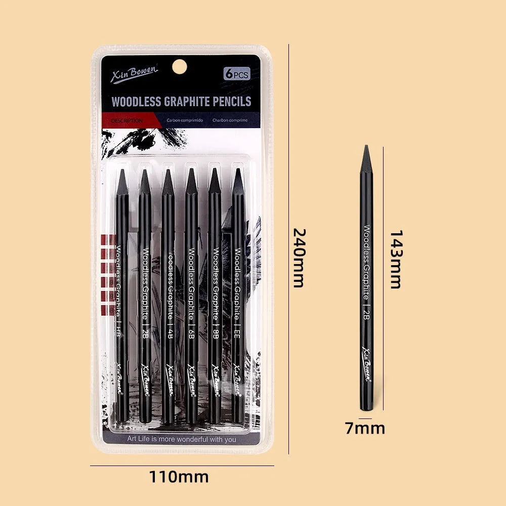 Set of six wood-free graphite sketching pencils with grades HB, 2B, 4B, 6B, 8B, EE for art drawing