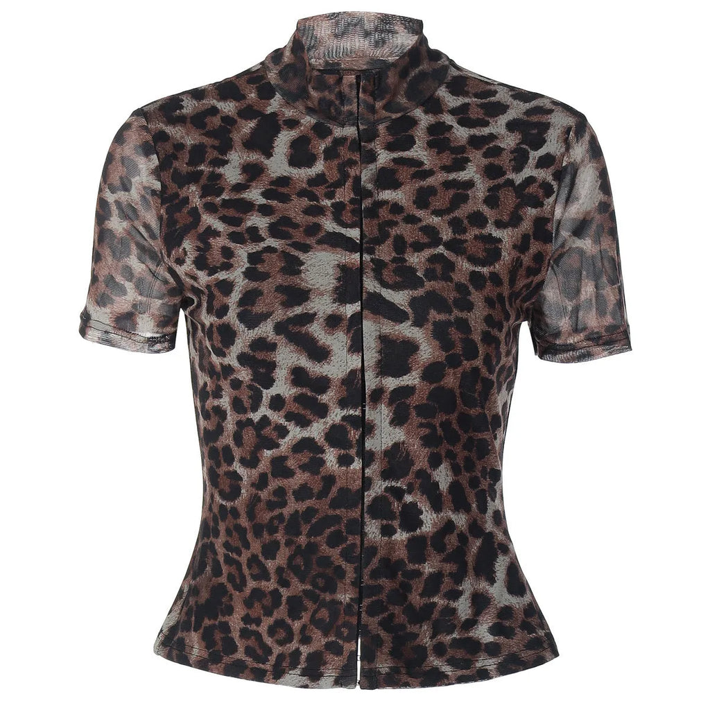 Women's slim-fit short-sleeved leopard print polyester pullover top on model
