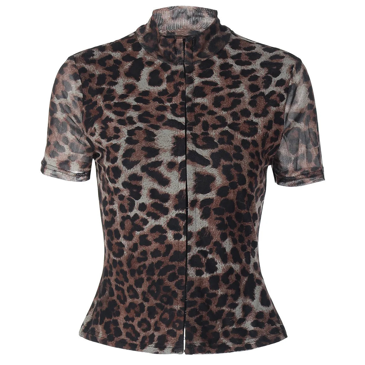 Women's slim-fit short-sleeved leopard print polyester pullover top on model