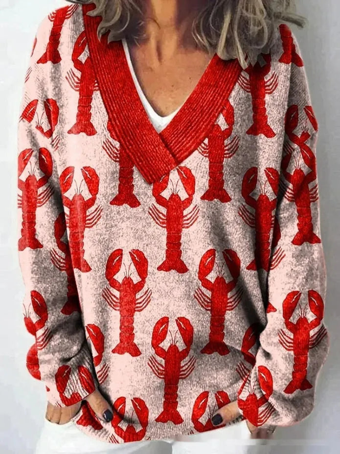 Women's V-neck long sleeve sweatshirt with a 3D printed floral pattern in a retro art style