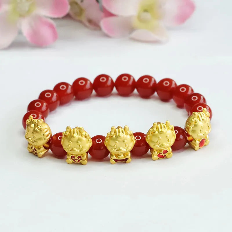 Red agate bracelet with Five Blessing Dragon carvings on 8mm beads
