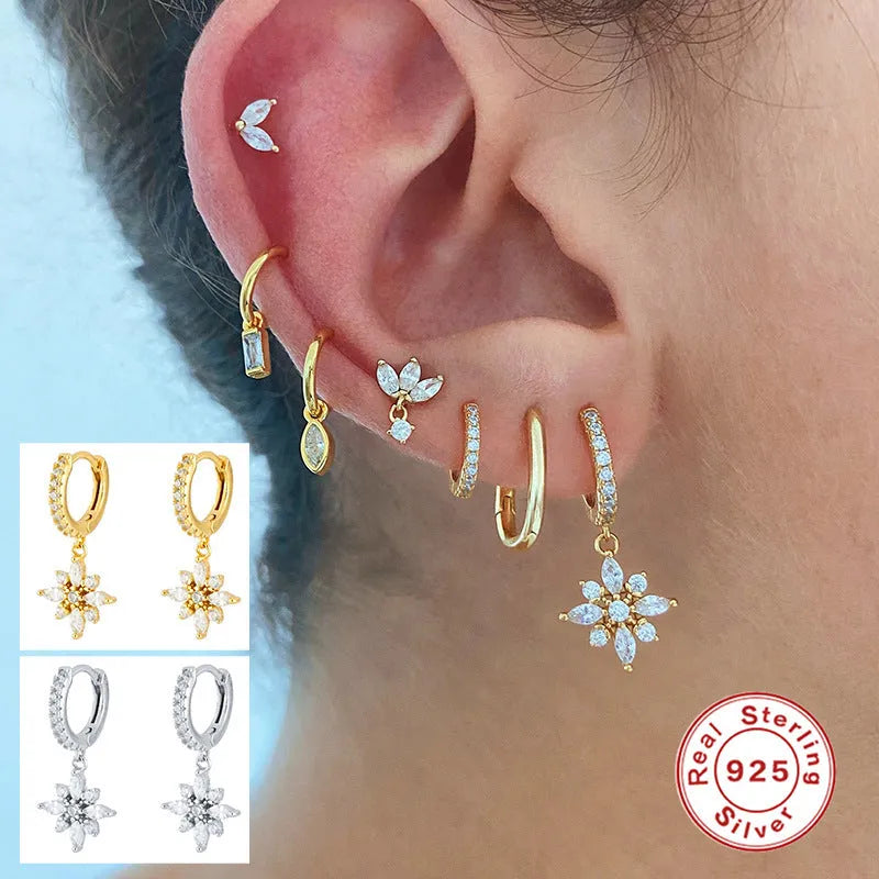 Sterling silver diamond snowflake pendant earrings with gemstone inlay in gold colour finishes