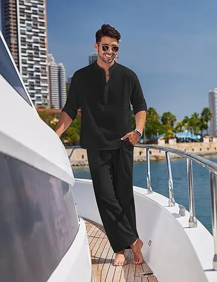 Men's solid colour casual cotton long sleeve trouser suit shown in available colours