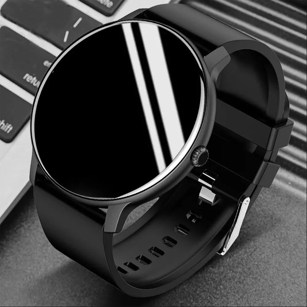 Black smart watch with 1.28 inch screen displaying blood pressure and heart rate data on a silicone wristband.