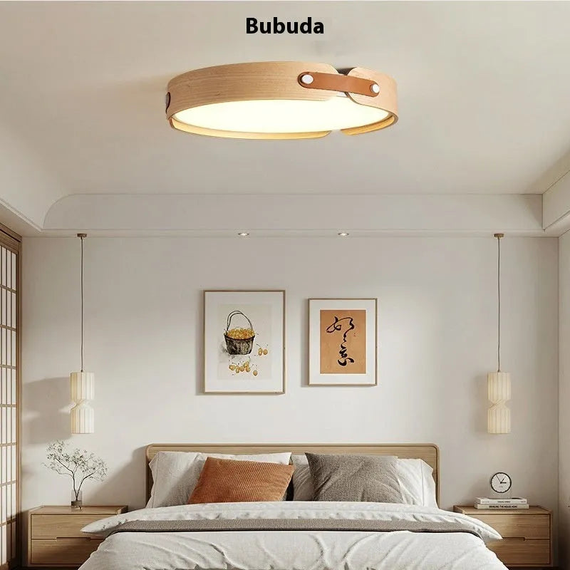 Japanese walnut ceiling lamp with wood shade and PMMA lampshade in warm light colour options