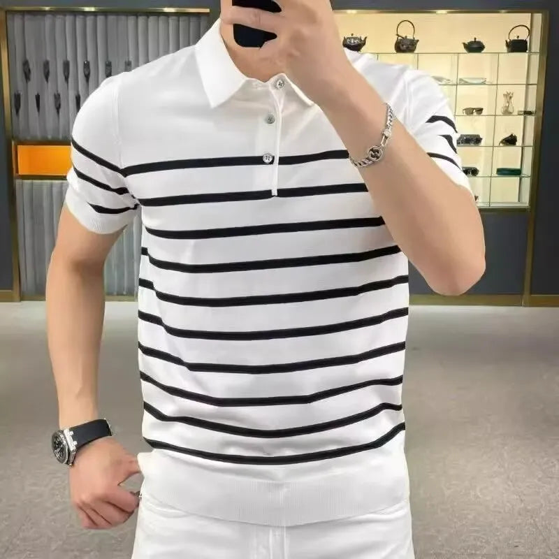 Black and white striped lapel knitted T-shirt pullover with chemical fibre blend construction