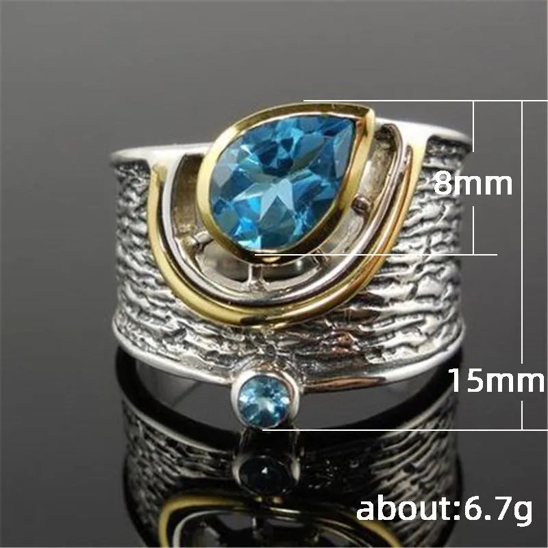 Blue zircon drop-shape Chinese style ring with inlaid rhinestones on alloy band