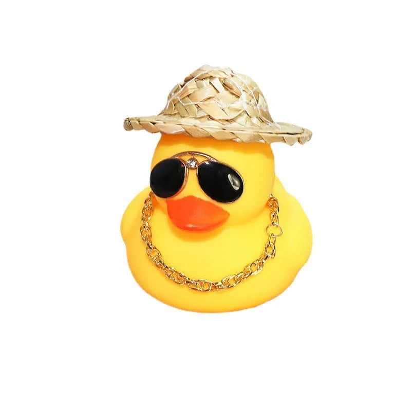 Straw Hat Yellow Duck cartoon car ornament with removable sunglasses necklace on dashboard