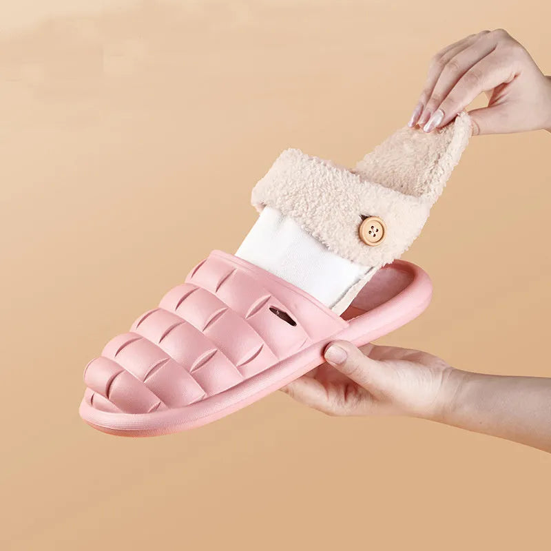 Plaid detachable EVA house slippers with plush lining, shown in pink for women.