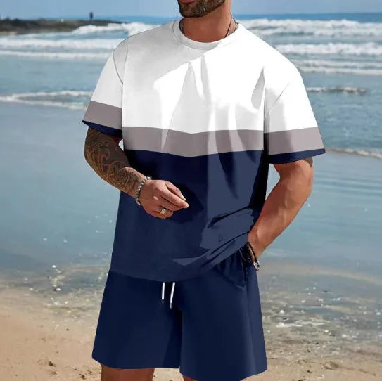 Men's loose fit polyester shorts suit set with short sleeve t-shirt and matching trousers for summer