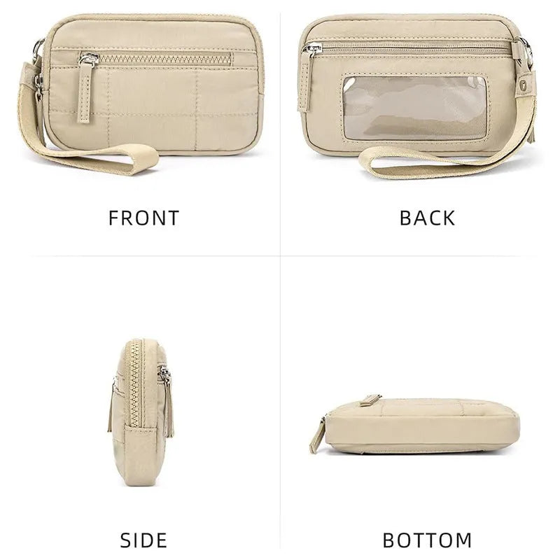 Waterproof quilted women's handbag with transparent deck panel in solid colour nylon