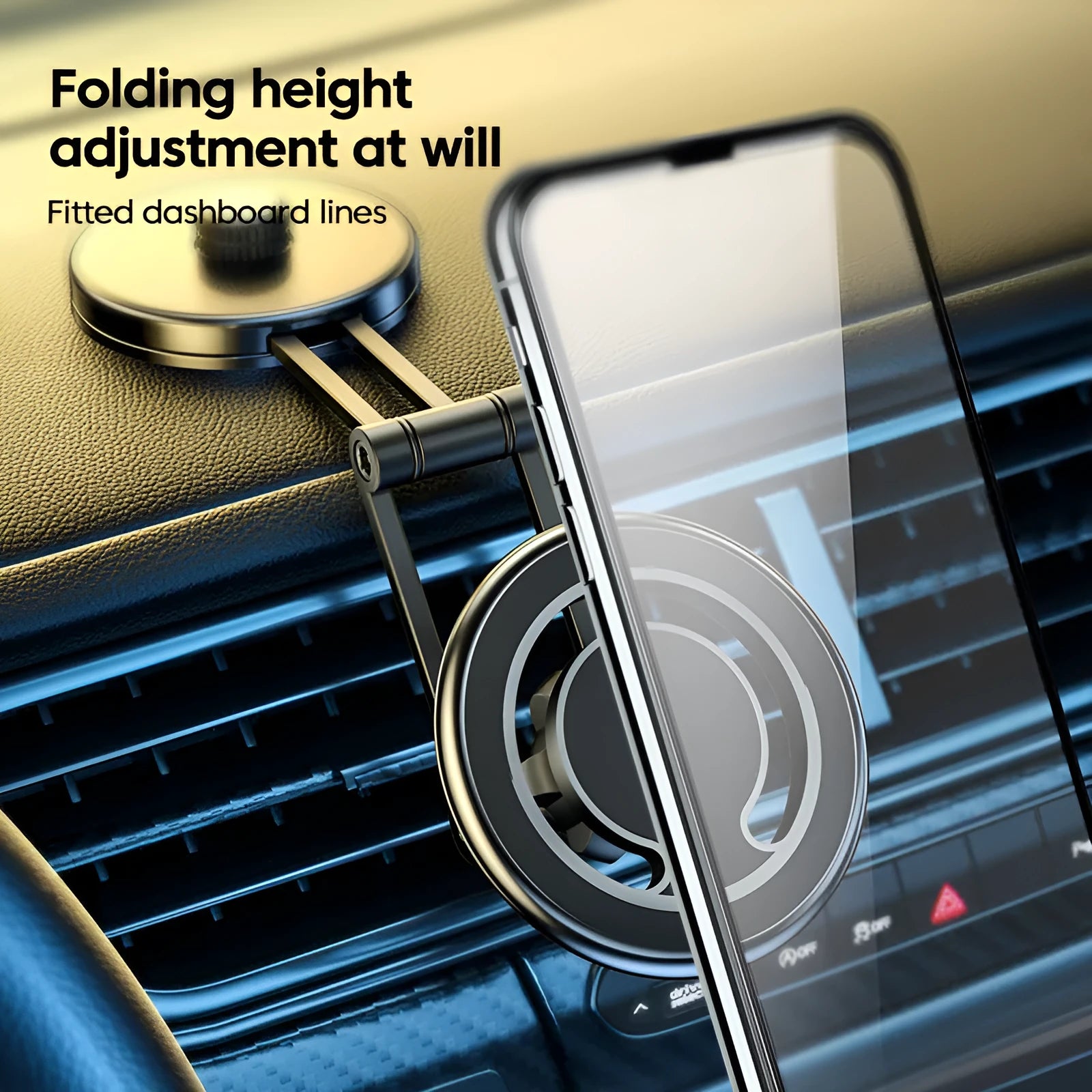 Telescopic folding car phone holder with magnetic mounting system on vehicle dashboard