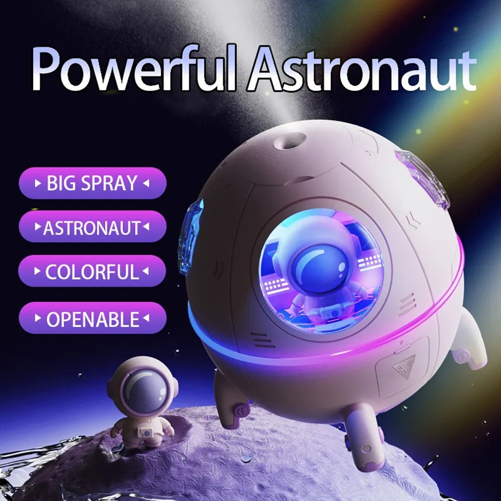 Astronaut-shaped USB desktop humidifier with colourful LED light and 220ml water tank capacity