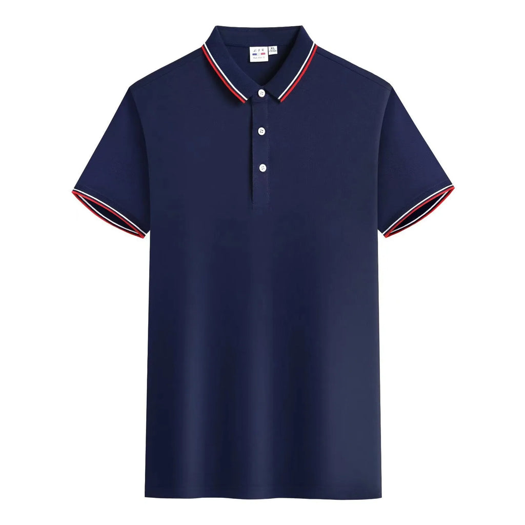Embroidered lapel short sleeve top for men in navy blue, straight fit cotton ice ion fibre blend summer shirt