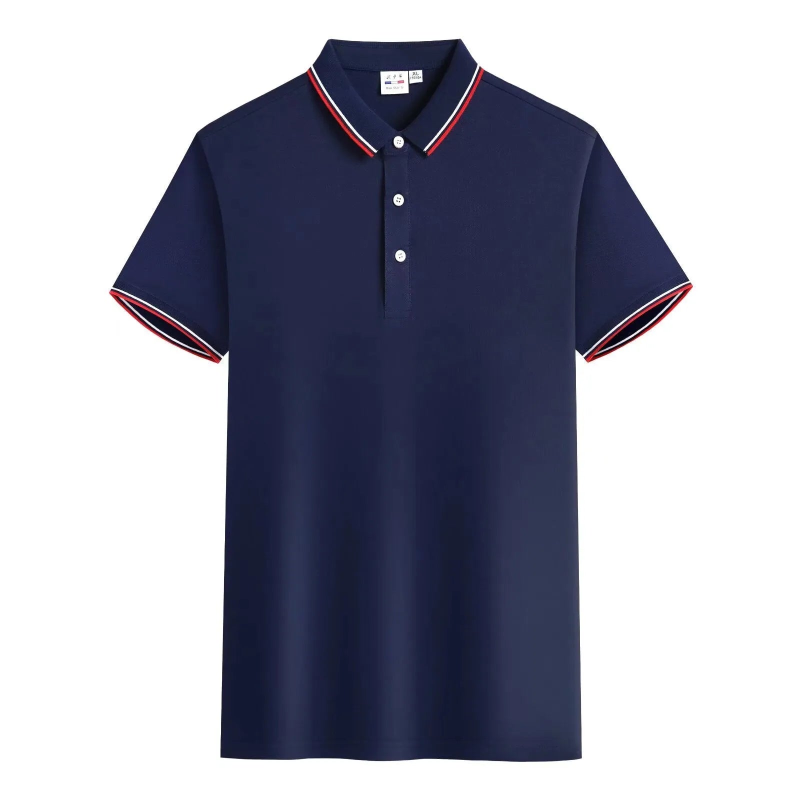 Embroidered lapel short sleeve top for men in navy blue, straight fit cotton ice ion fibre blend summer shirt