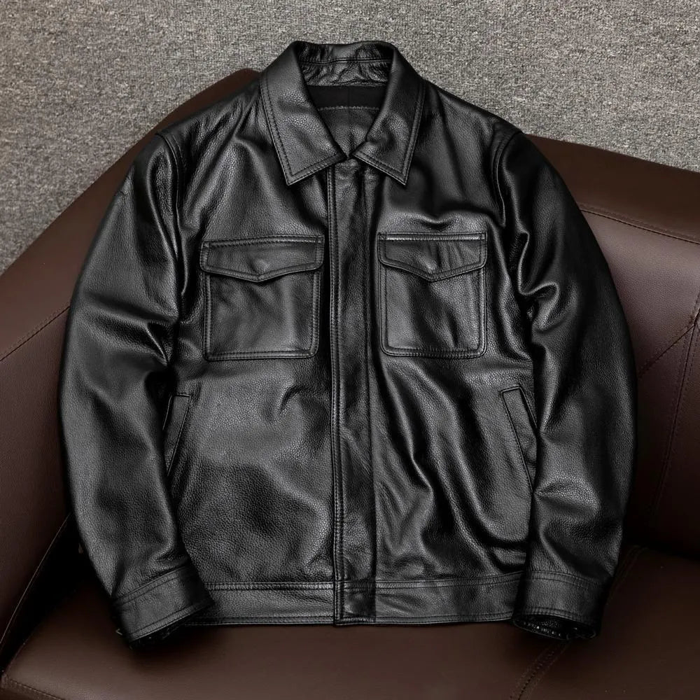 Male model wearing black PU leather lapel jacket with side seam pockets