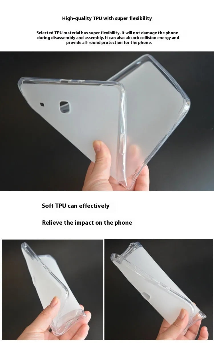 Clear transparent ultra-thin silicone hard shell case for a tablet on a flat surface.