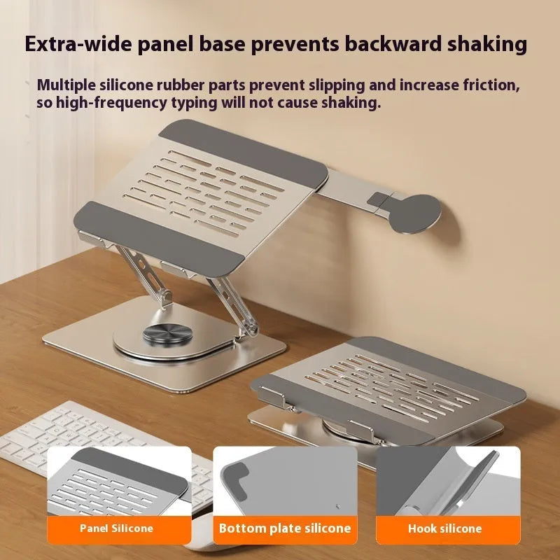 Silver carbon steel laptop stand with a rotatable magnetic phone holder attached to the side.