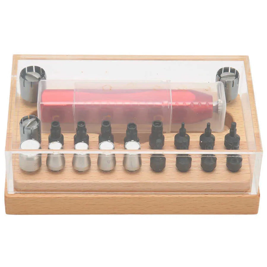 Steel watch repair tool kit with 20 pieces for opening cases and extracting tubes.