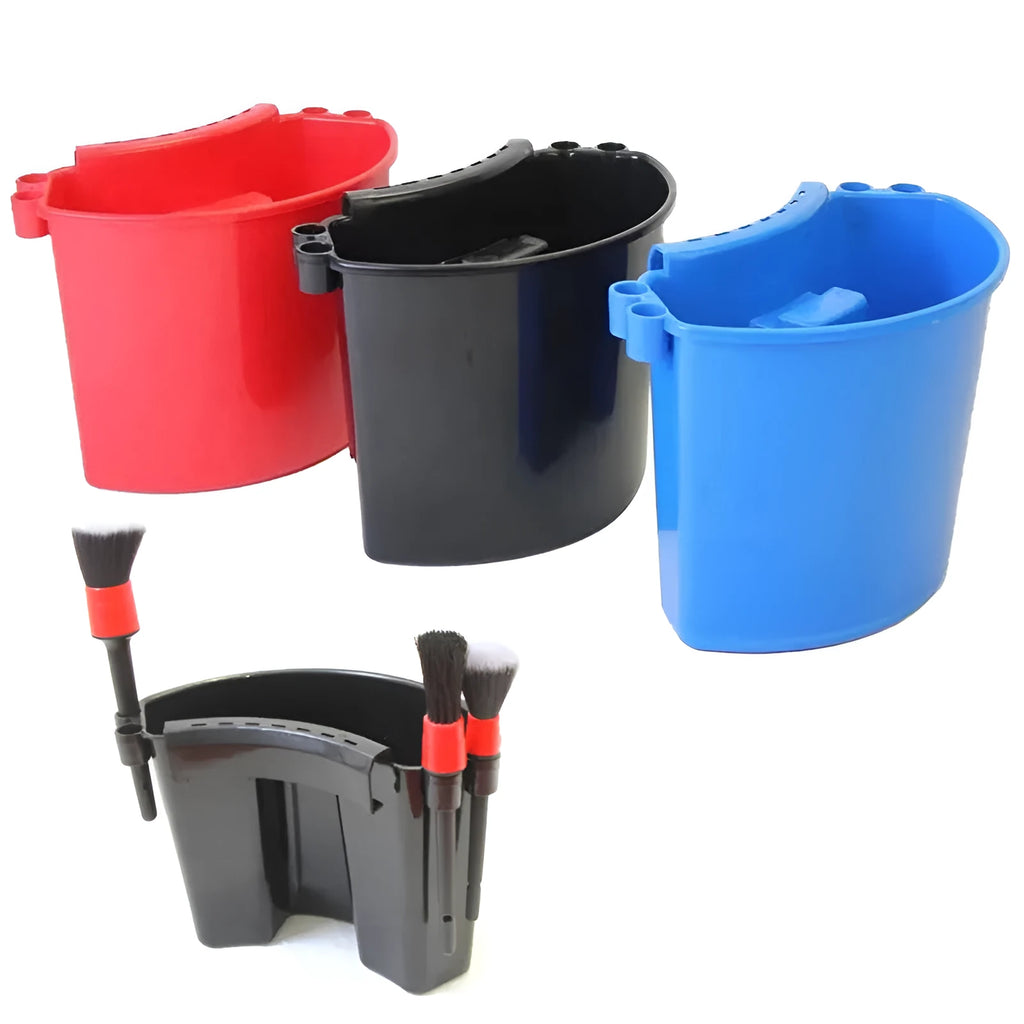 A black, red, blue, or pink polypropylene car wash bucket with a handle.