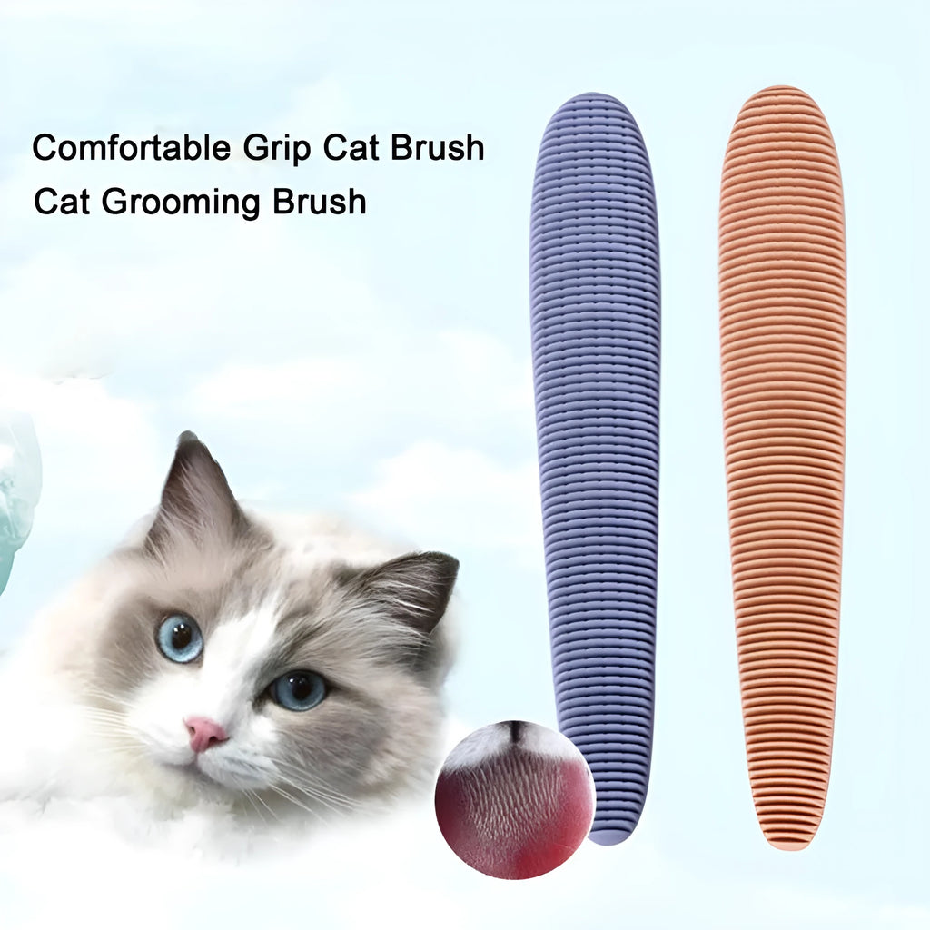 Grey cat grooming comb with tongue massager design showing narrow and wide ends