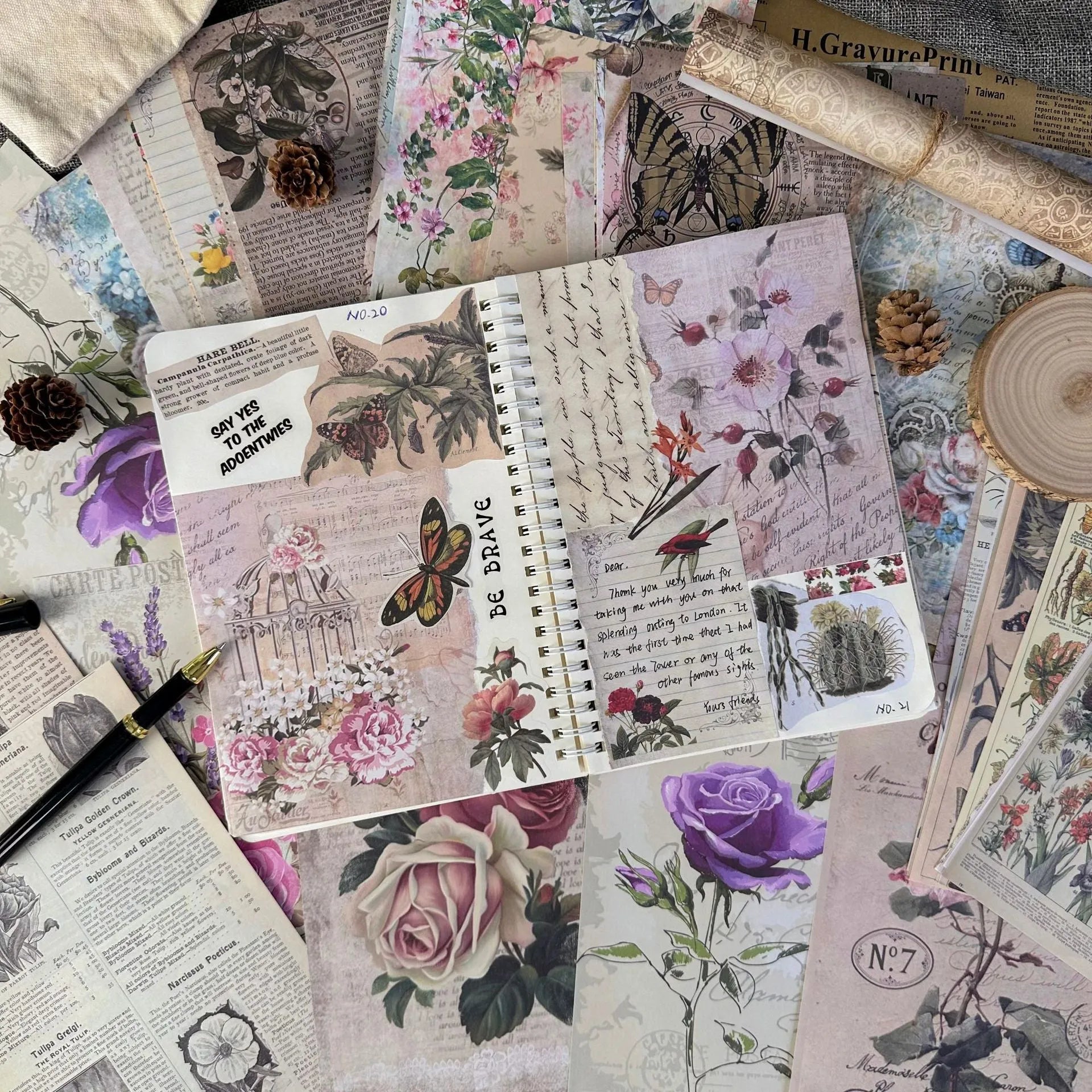 30-piece set of retro-style printed scrapbook papers in six colour themes for diary decoration