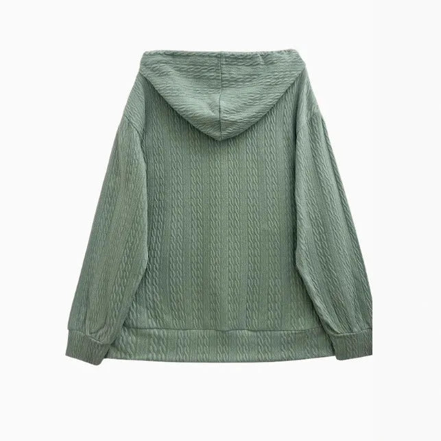 Green women's hooded sweater coat with full front zipper in a loose casual fit