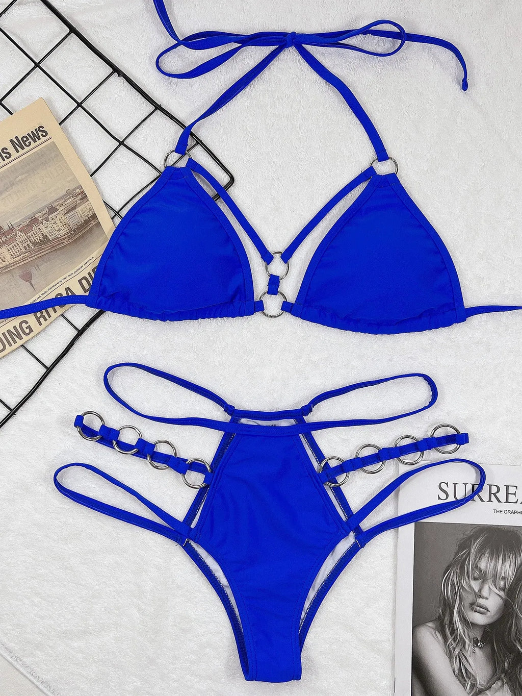 Women's separated bikini swimwear set in nylon fabric showing colour options