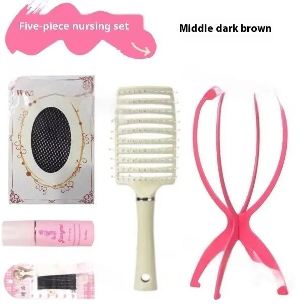 Full-head forehead lace wig with long straight dark brown hair and included care kit