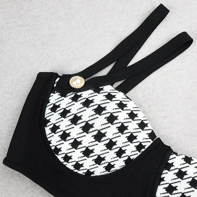 Black houndstooth push up bandage bikini set for women, artificial fibre, sizes XS to L, with top and pants