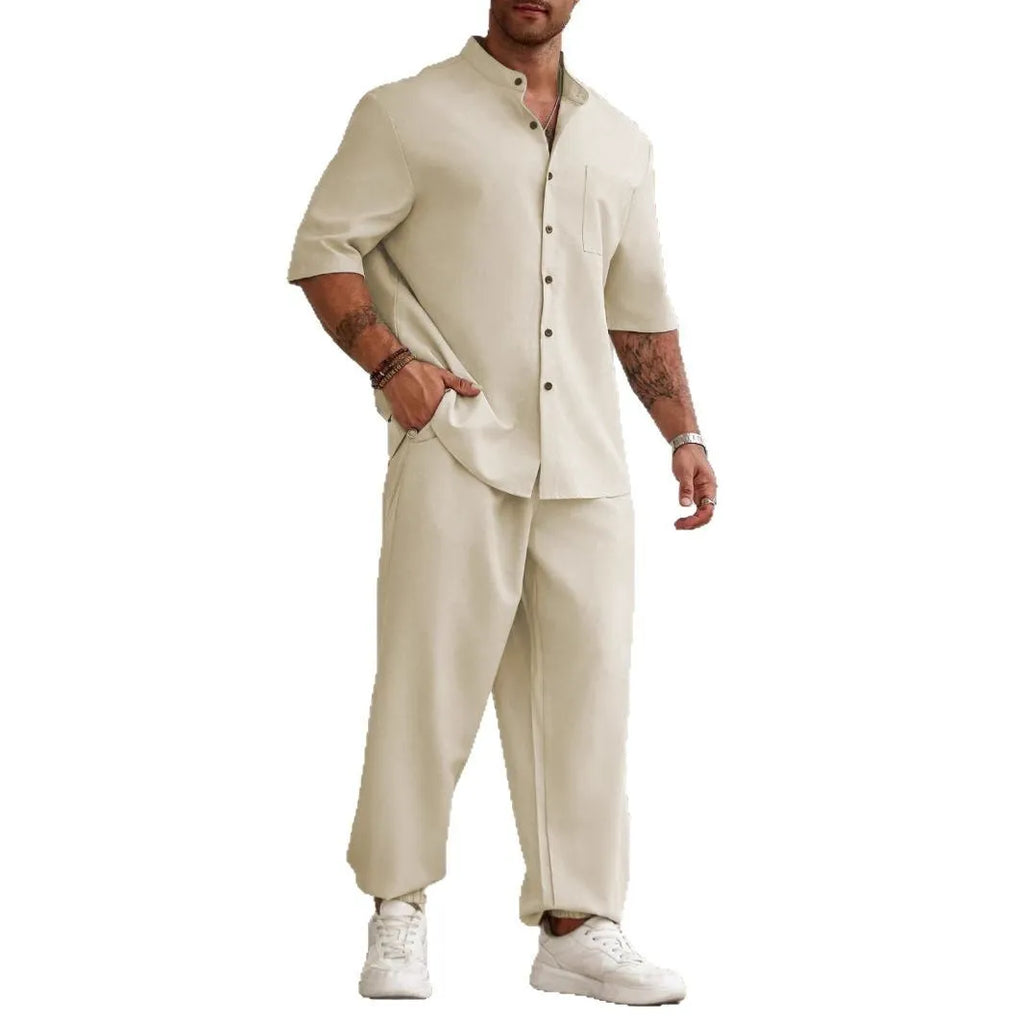 Men's cotton linen casual short-sleeved shirt and trousers set in apricot colour