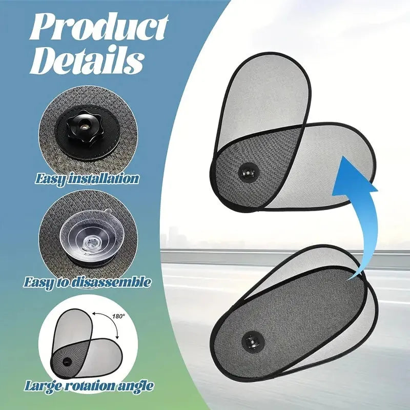 Black breathable car window shade with suction cups stretched across a car side window