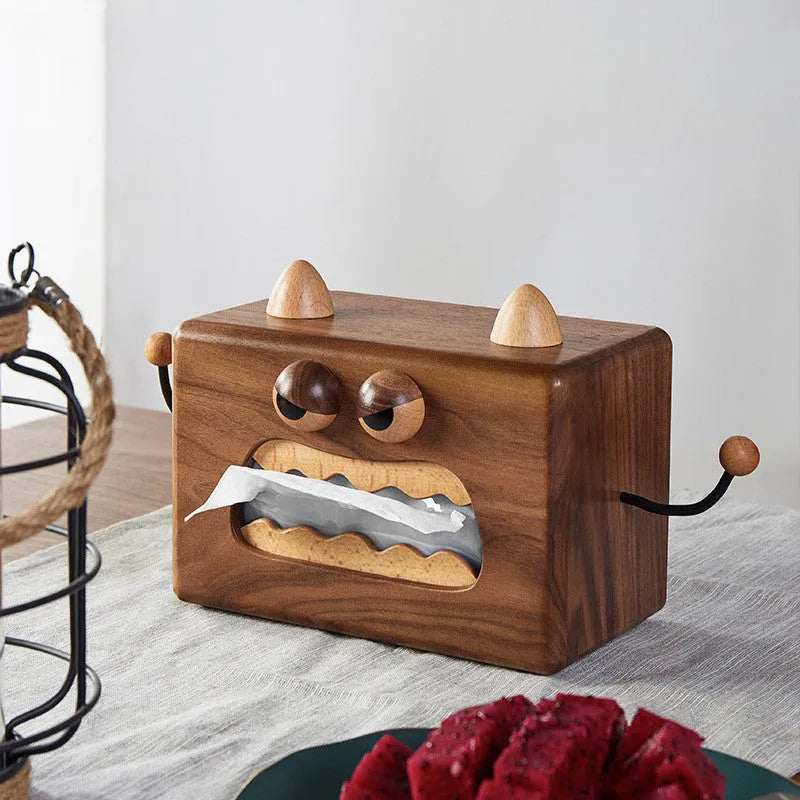 Cartoon monster design wooden tissue box in walnut beech finish, 190mm long