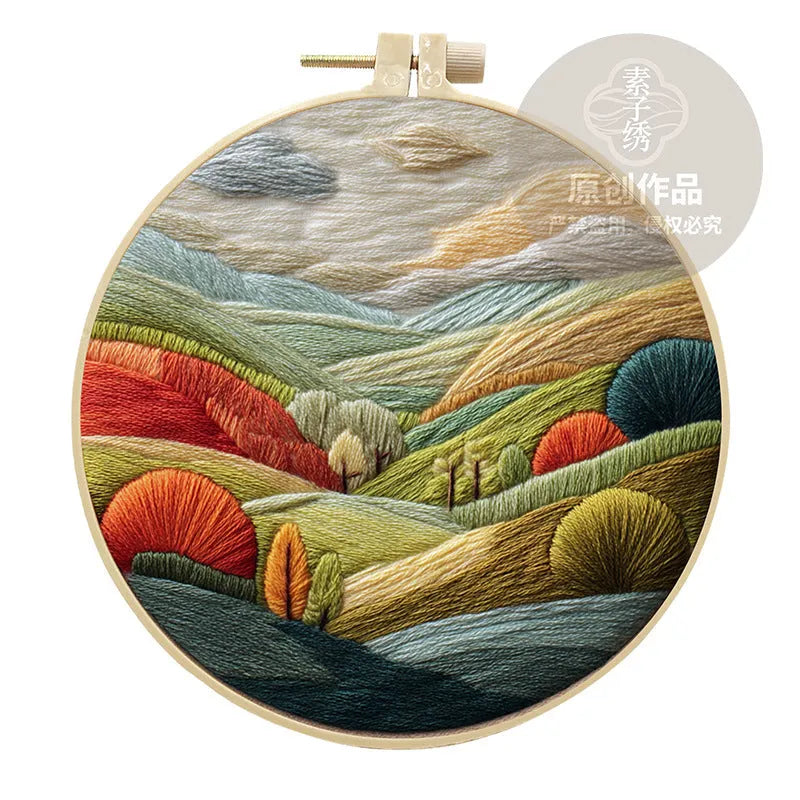Landscape embroidery DIY kit with printed cotton fabric, bamboo frame, embroidery thread and needles