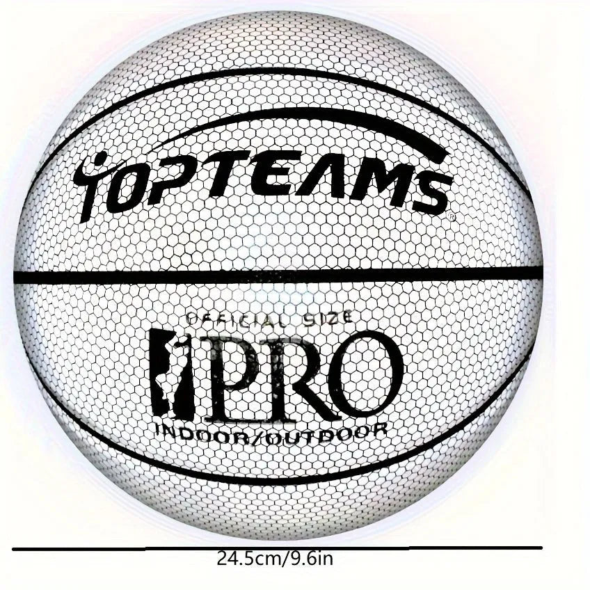 No. 7 basketball with holographic reflective surface and fluorescent colours on PU leather.