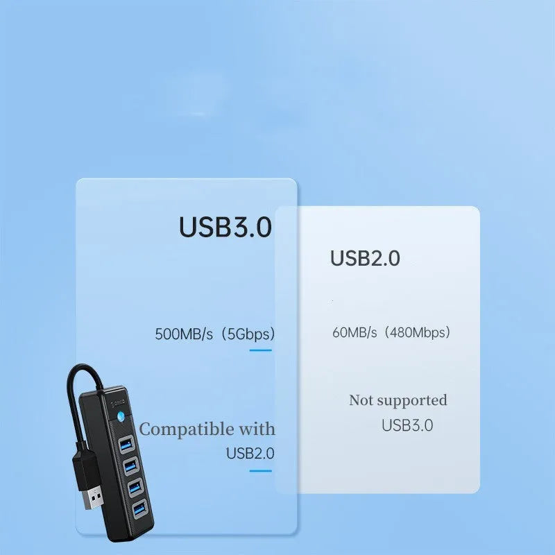 Black 4-Port USB 3.0 Hub with Type-C extender for notebook, 92.9 x 30.6 x 14.7 mm ABS housing