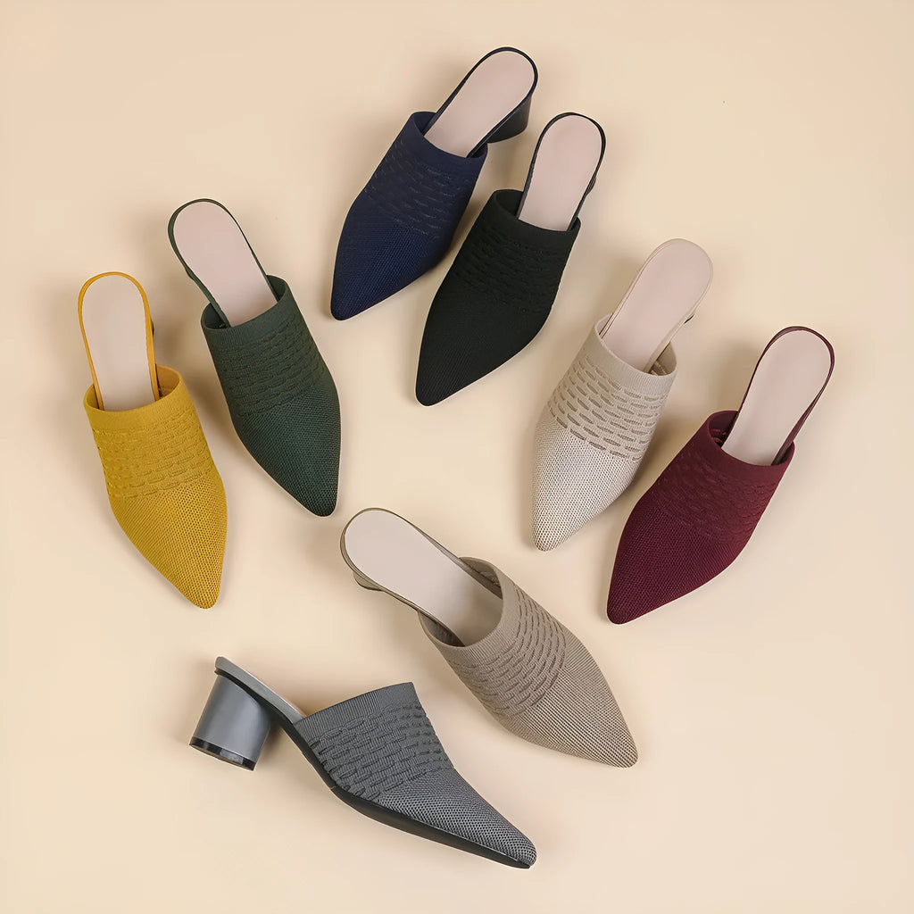 Women's pointed toe toe cap sandals with a chunky 5cm heel in a fishing line colour.