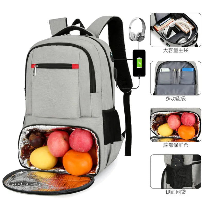 Light grey Oxford cloth insulated picnic backpack with curved shoulder straps showing dry-wet separation compartments