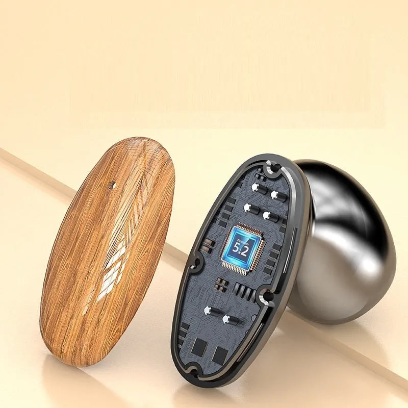 Wood grain M35 TWS Bluetooth headphones with charging case showing power display
