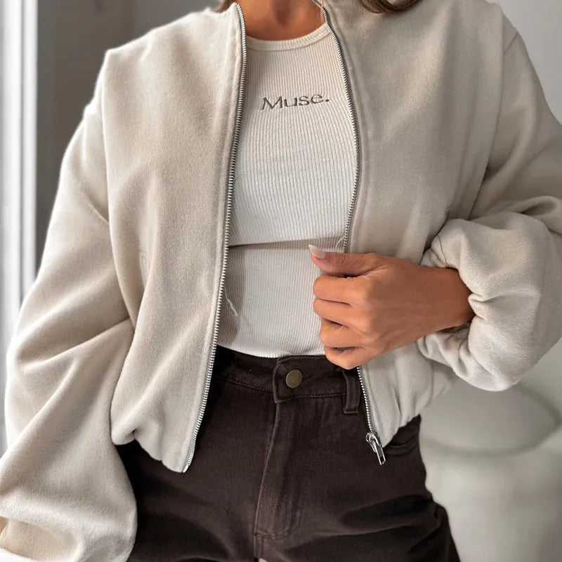 Milky White women's off-shoulder jacket with round neck and long lantern sleeves, loose casual fit.