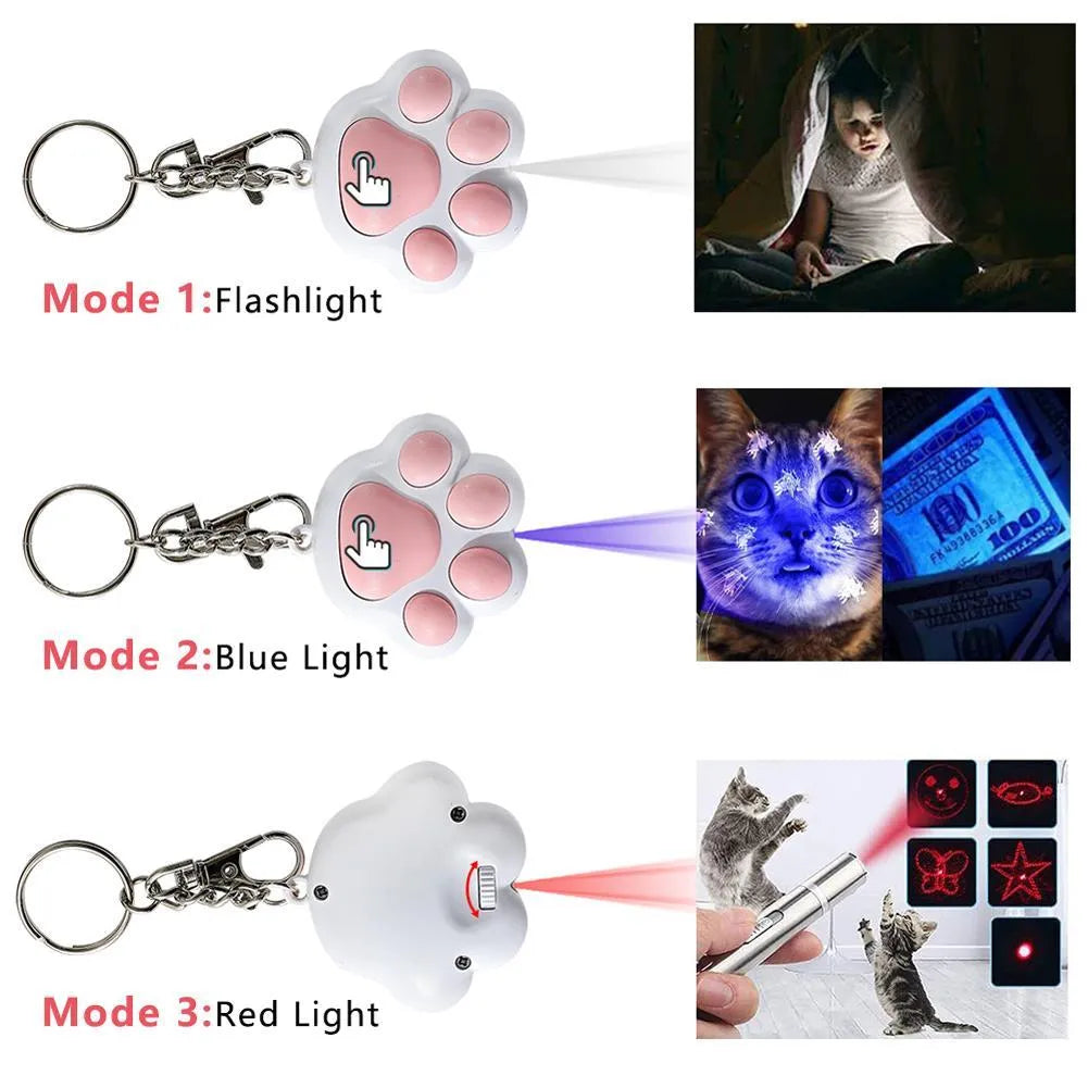 Infrared cat teaser toy with key chain lighting features showing black and pink colour options