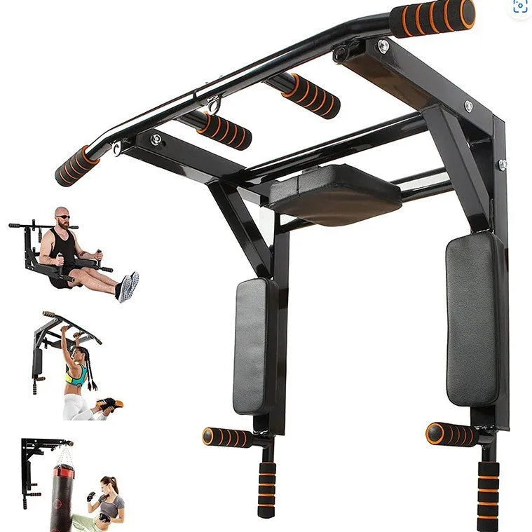 Black wall-mounted fitness rack with sandbag holder and single parallel bars for strength training