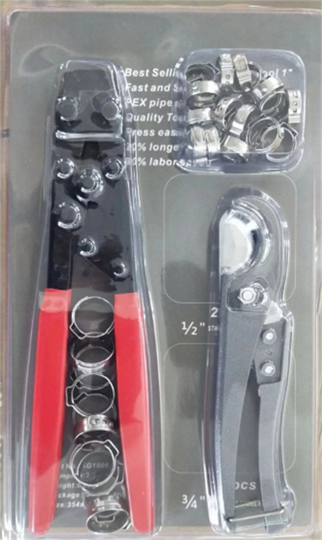 Red cloth PEX clamp set with metal construction and carbon steel cutting edges