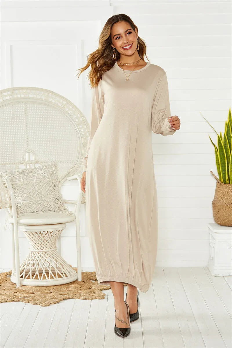 Black lantern dress with lace-up crew neck and loose casual fit
