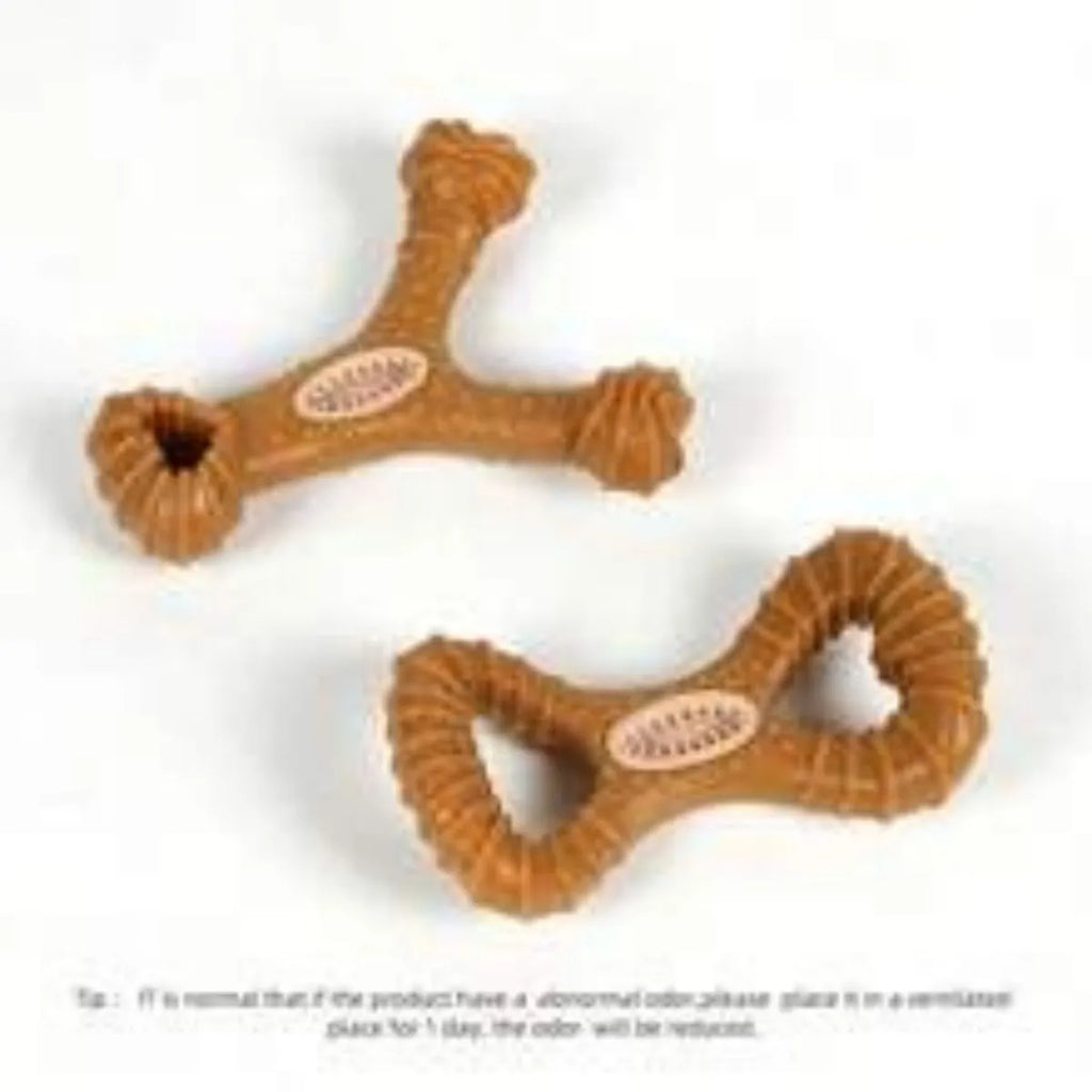 Dog chew bone toy showing 8shape and Y shape configurations for teeth cleaning and interactive play