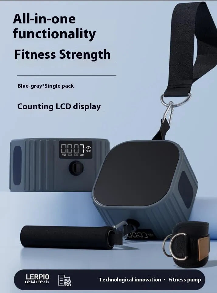 Blue grey adjustable resistance band tensioner with iron and ABS construction set to 10kg.