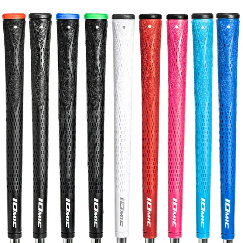 TPE golf club grip replacement in various colours including pink, red, blue, white, and two-tone black with coloured head.